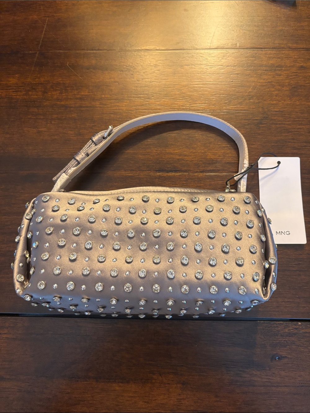 Mango Women's Studded Satin Shoulder Bag in silver/gray.